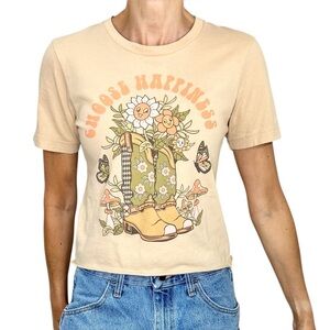Boho western tan coral green cotton floral butterfly cowboy boots t shirt M